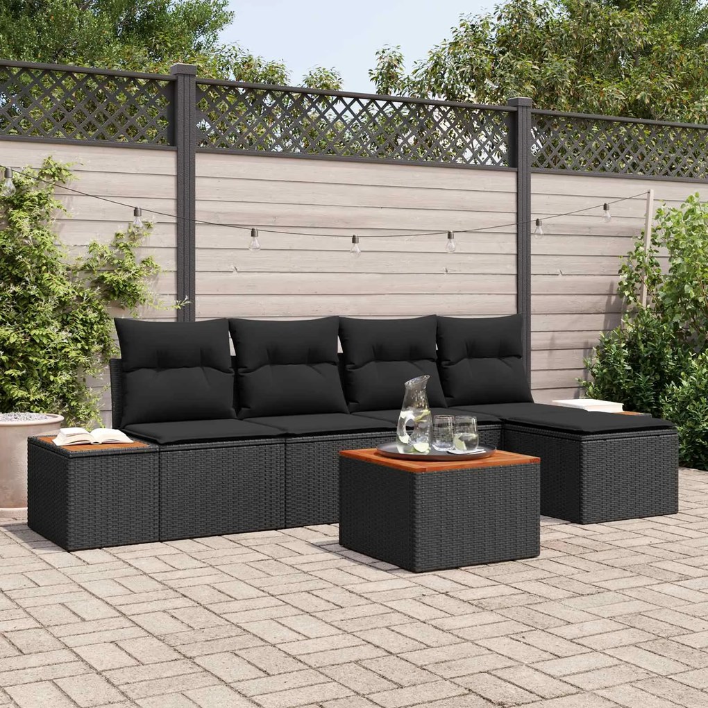 vidaXL Kerti Kanapé Szett párnával tárolóval 6 pcs Fekete Polyrattan
