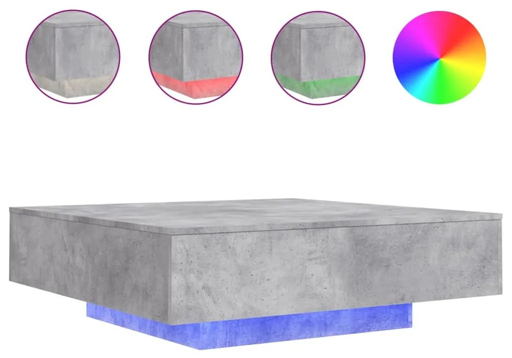 betonszürke dohányzóasztal LED-lámpákkal 100 x 100 x 31 cm