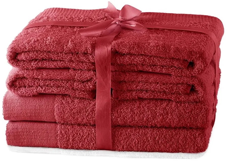 Piros frottír pamut törölköző és fürdőlepedő készlet 6 db-os Amari – Restilo