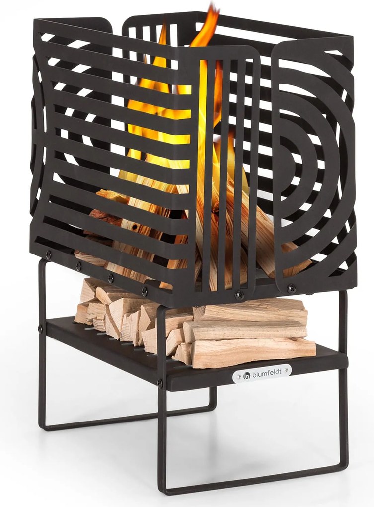 Blumfeldt Krakatoa, tűzrakóhely, tömör acél, fa tárolórekesz, lézer-vágott design