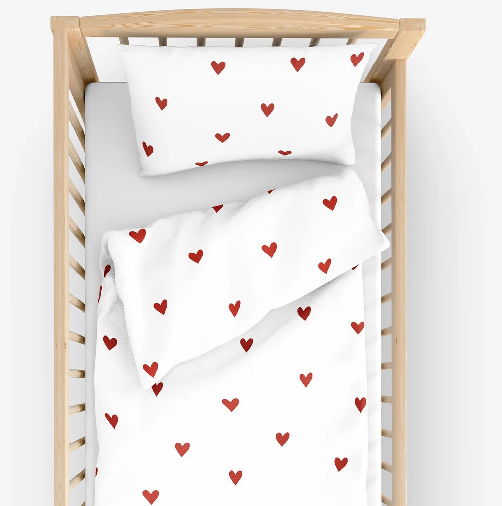 Goldea gyermek pamut ágyneműhuzat kiságyba - piros szívecskék, fehér alapon 110 x 125 és 35 x 55 cm