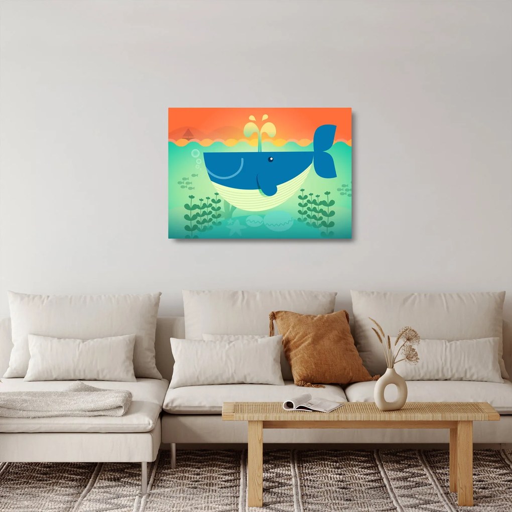 Üveg kép - Vidám bálna a tengerben (70x50 cm)