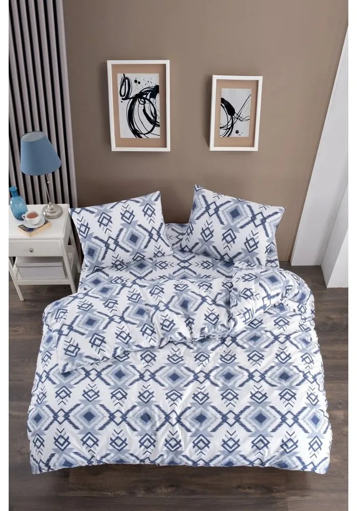 Fehér-kék háromrészes egyszemélyes hosszabbított ágyneműhuzat lepedővel 160x220 cm Geometric – Mila Home
