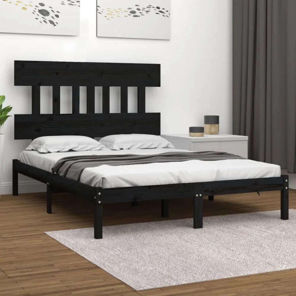 King Size fekete tömör fa ágykeret 150 x 200 cm