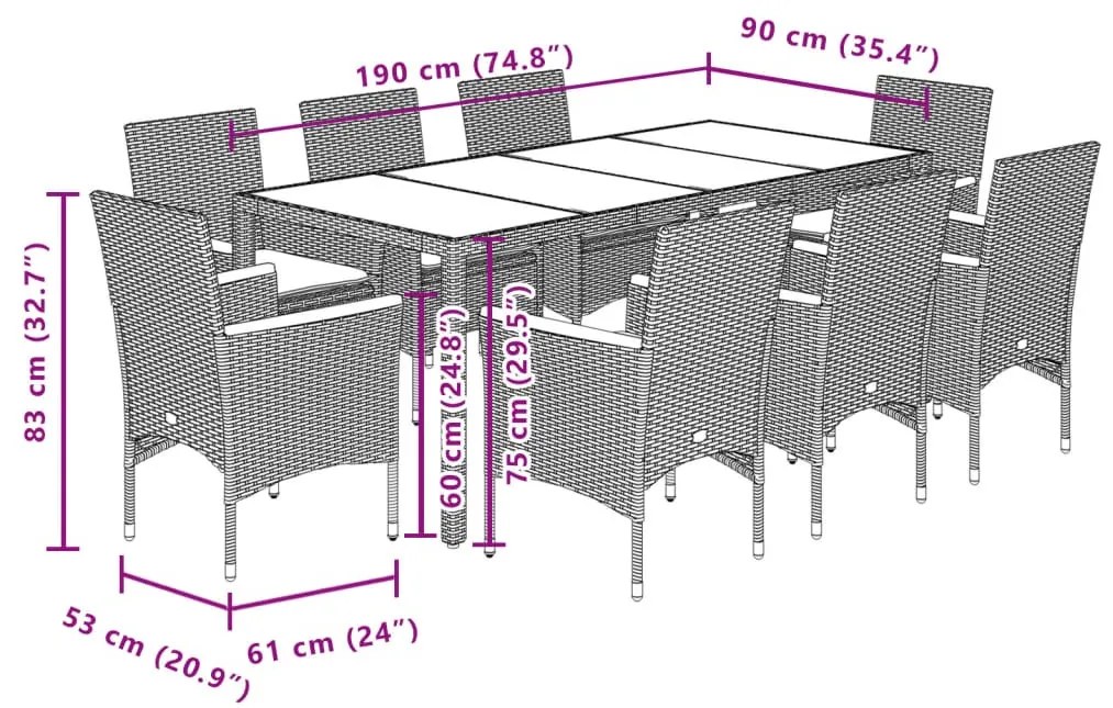 9részes szürke polyrattan/akácfa kerti étkezőgarnitúra párnával