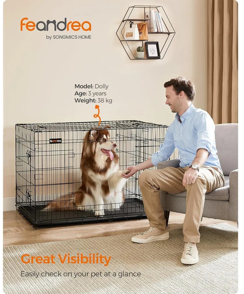 2 ajtós összecsukható ketrec, kutyaszállító ketrec 122x74,5x80,5 cm, fekete | FEANDREA