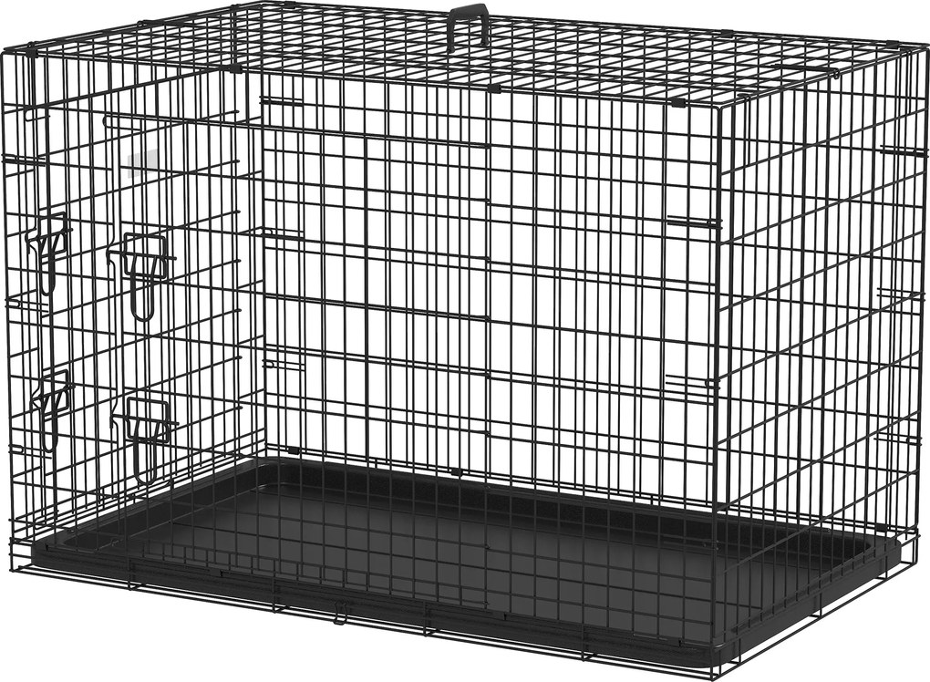 PawHut Összecsukható Kutya Ketrec Kutya Szállító 2 Ajtóval, Kivehető Tálcával és Szállító Fogantyúval 106x68x76 cm Fekete | Aosom
