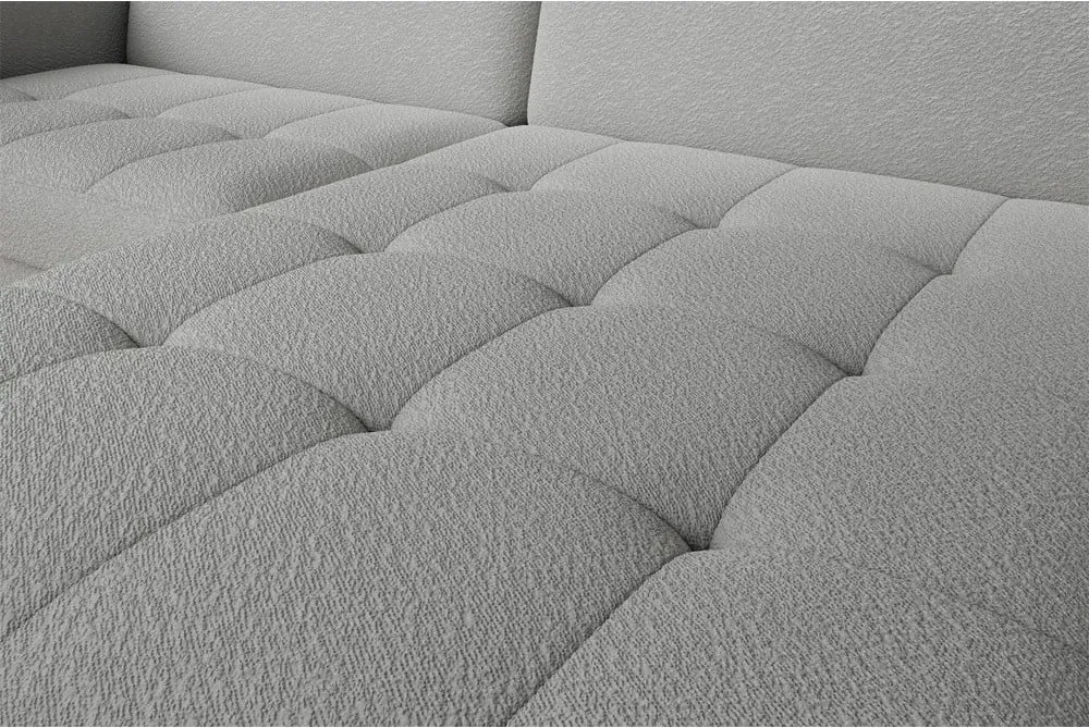 Szürke buklé kinyitható-tárolóhelyes sarokkanapé (bal oldali-heverő résszel) Gomsi – ELTAP