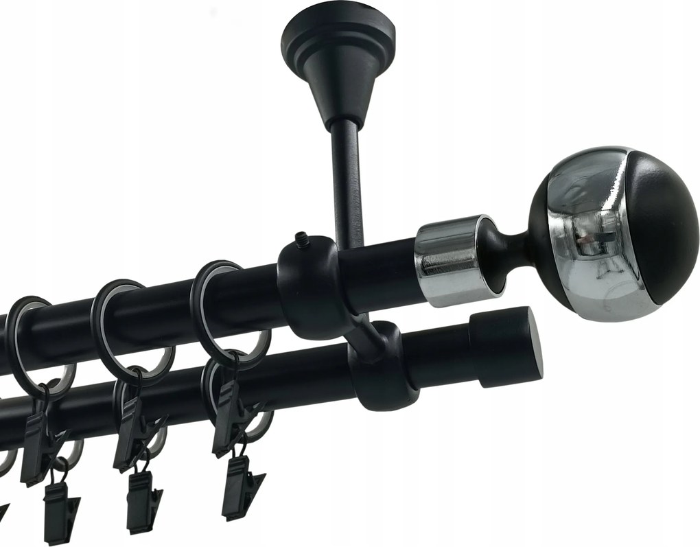 Dupla függönykarnis Fém Mennyezeti 19+19 Fekete Matt 280cm Gömb Fekete&amp;króm