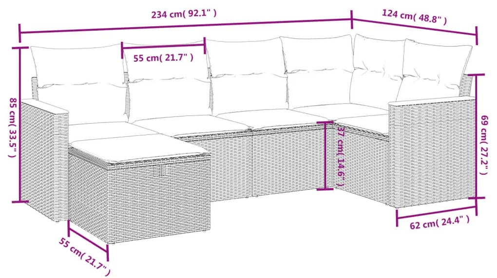 6 részes fekete polyrattan kerti ülőgarnitúra párnákkal