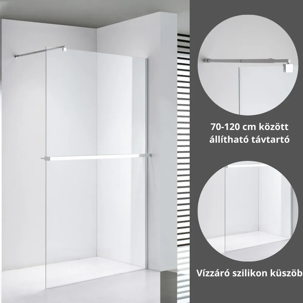 Stuxi Milano Plus Walk-in zuhanyfal, 100x200 cm, 8 mm vastag vízlepergető biztonsági üveggel, króm profillal, távtartóval, polccal és törölközőtartóval