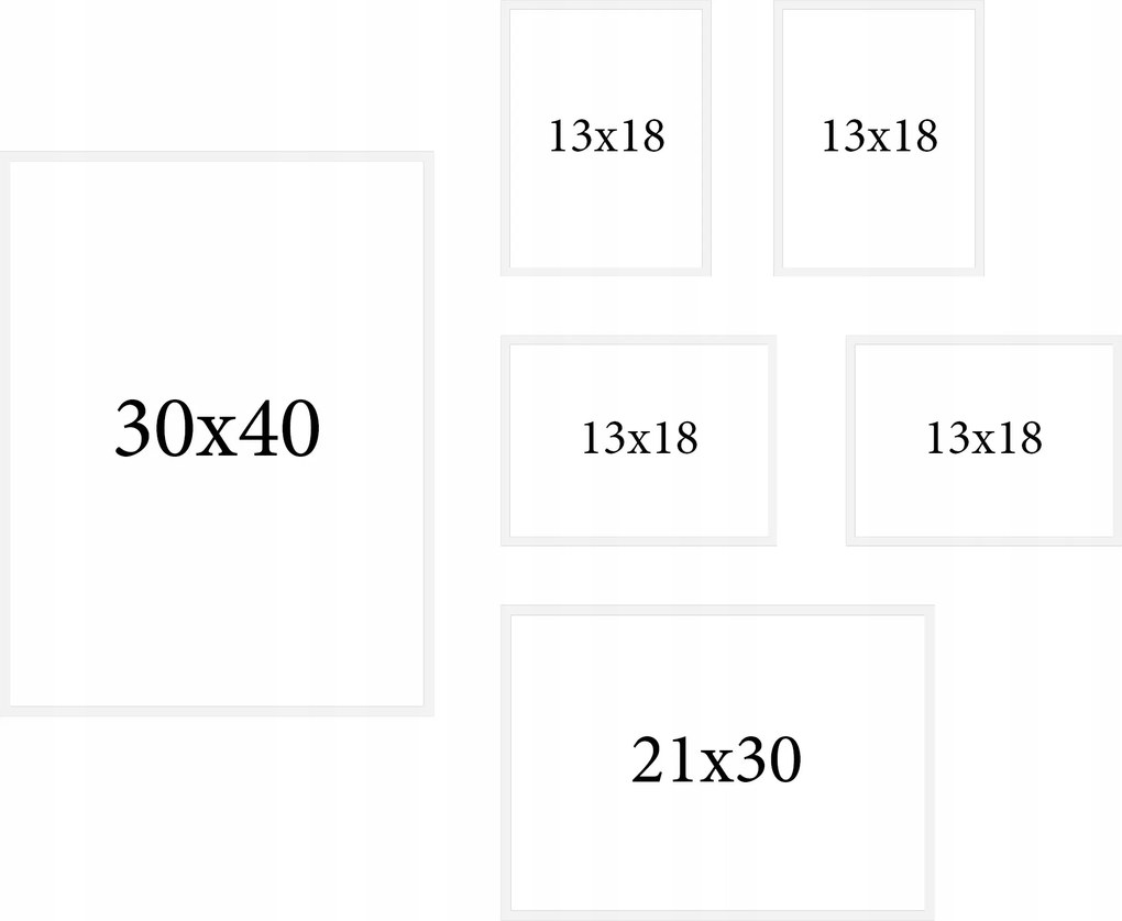 Fehér képkeretek, 6 darabos szett, 30x40, A4 (21x30), 13x18 cm