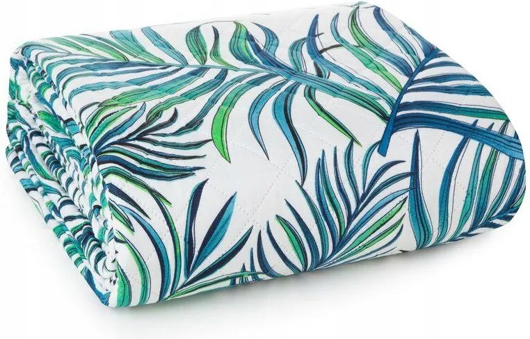 Dekoratív ágytakaró 220x240 cm fehér türkiz levél mintás D91