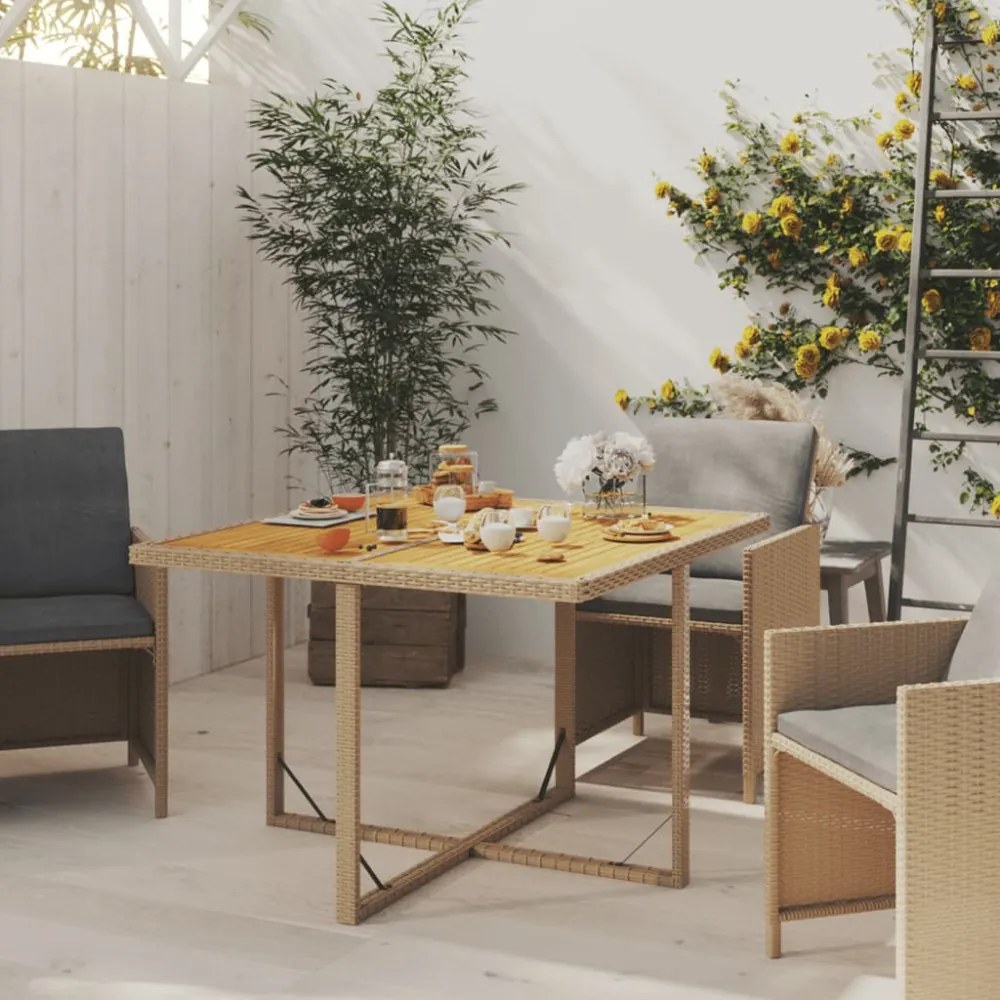 bézs polyrattan és tömör akácfa kerti asztal 109 x 107 x 74 cm