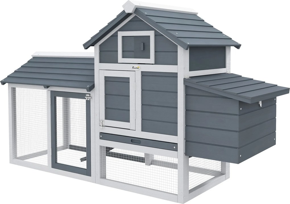 PawHut Fa Tyúkól Kültéri Ketrec 2-3 Tyúk számára 2 Drótkerítéssel Nyitható Tetővel Fészekládával És Kivehető Tálcával 150,5x54x87 cm Szürke | Aosom