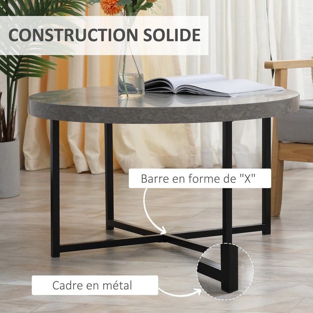 HOMCOM Kerek Kávzóasztal Waxolt Betonhatású Fával és Fémmel - Ø 80 x 45 cm - keresztlábak | Aosom