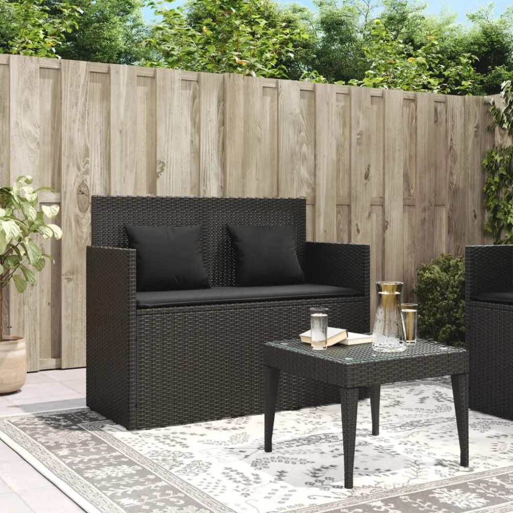fekete polyrattan kerti pad párnával