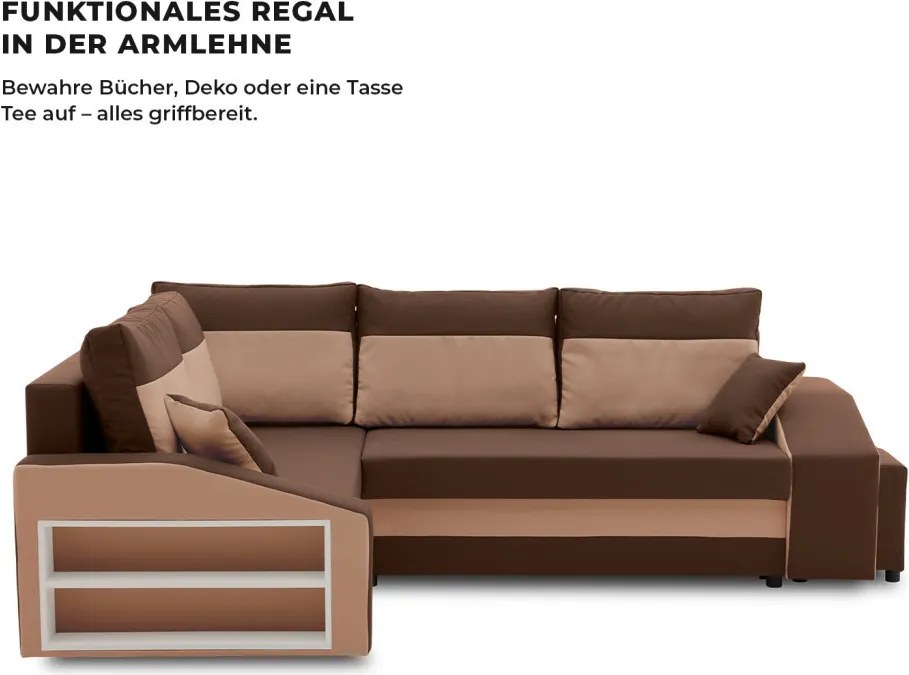 Grande sarokkanapé polcokkal és puffokkal , polc a bal karfaban puffok a jobb karfaban, baloldali, szövet anyag, bonell töltet, barna