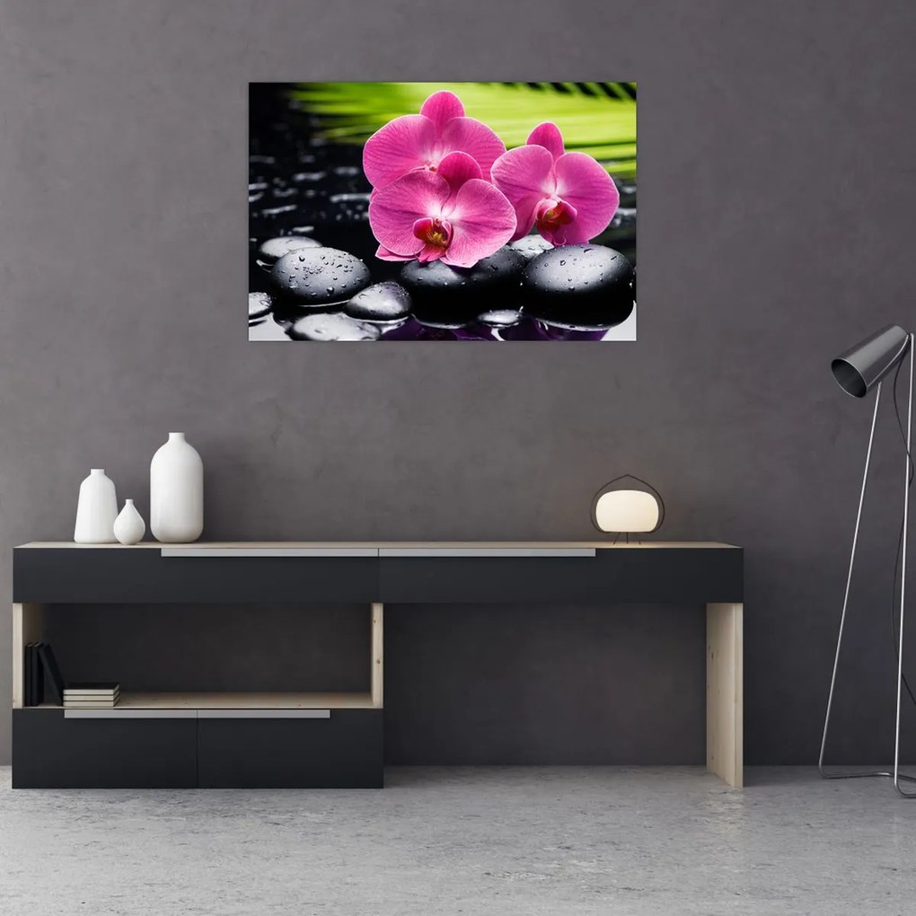 Kép - Rózsaszín orchidea pálmalevéllel (90x60 cm)