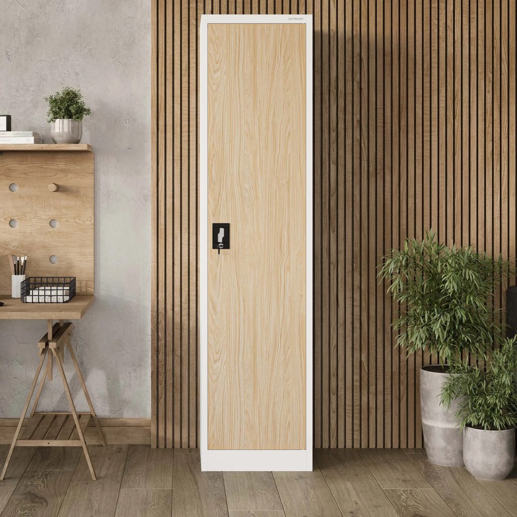 Fém irodai iratszekrény, fehér/sonoma tölgy, 450x1850x400 mm: ALEX Eco Design