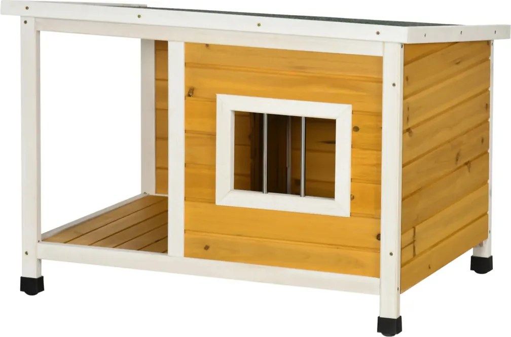 PawHut kutyaház verandával, nyíló tetővel, ablakkal, állítható lábakkal, természetes fa, narancs, fehér