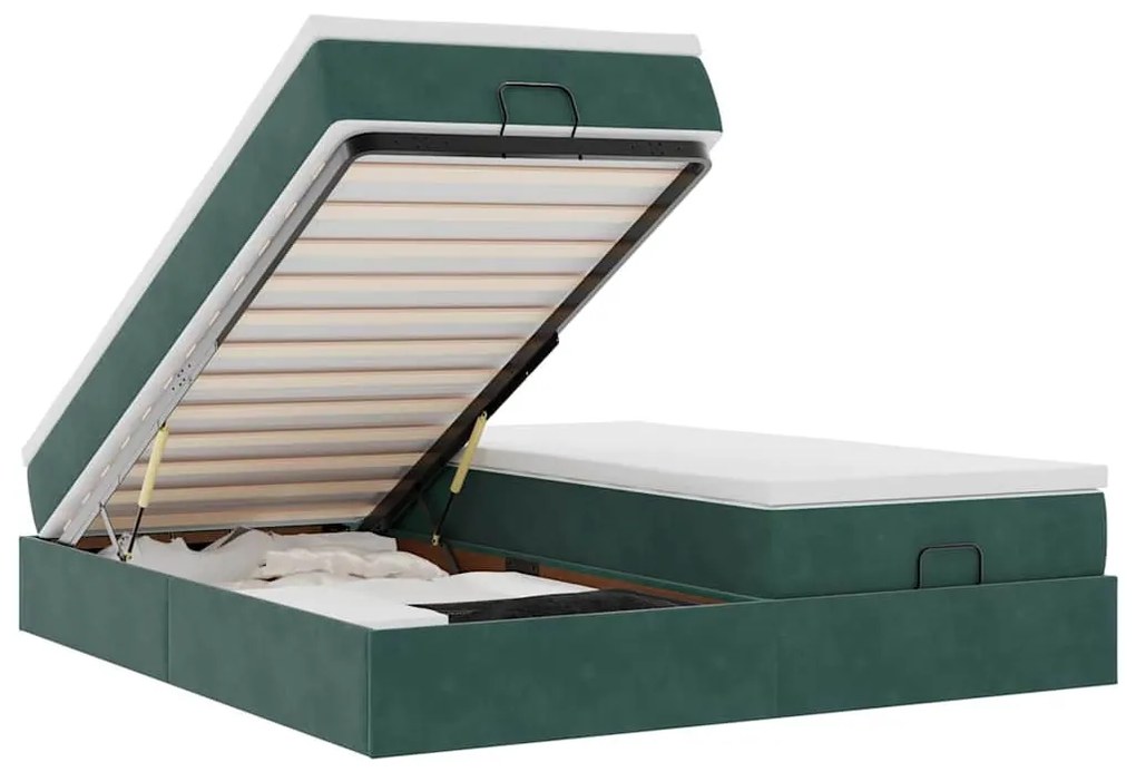 Ottomán ágykeret matracokkal sötétzöld 180x200cm bársony