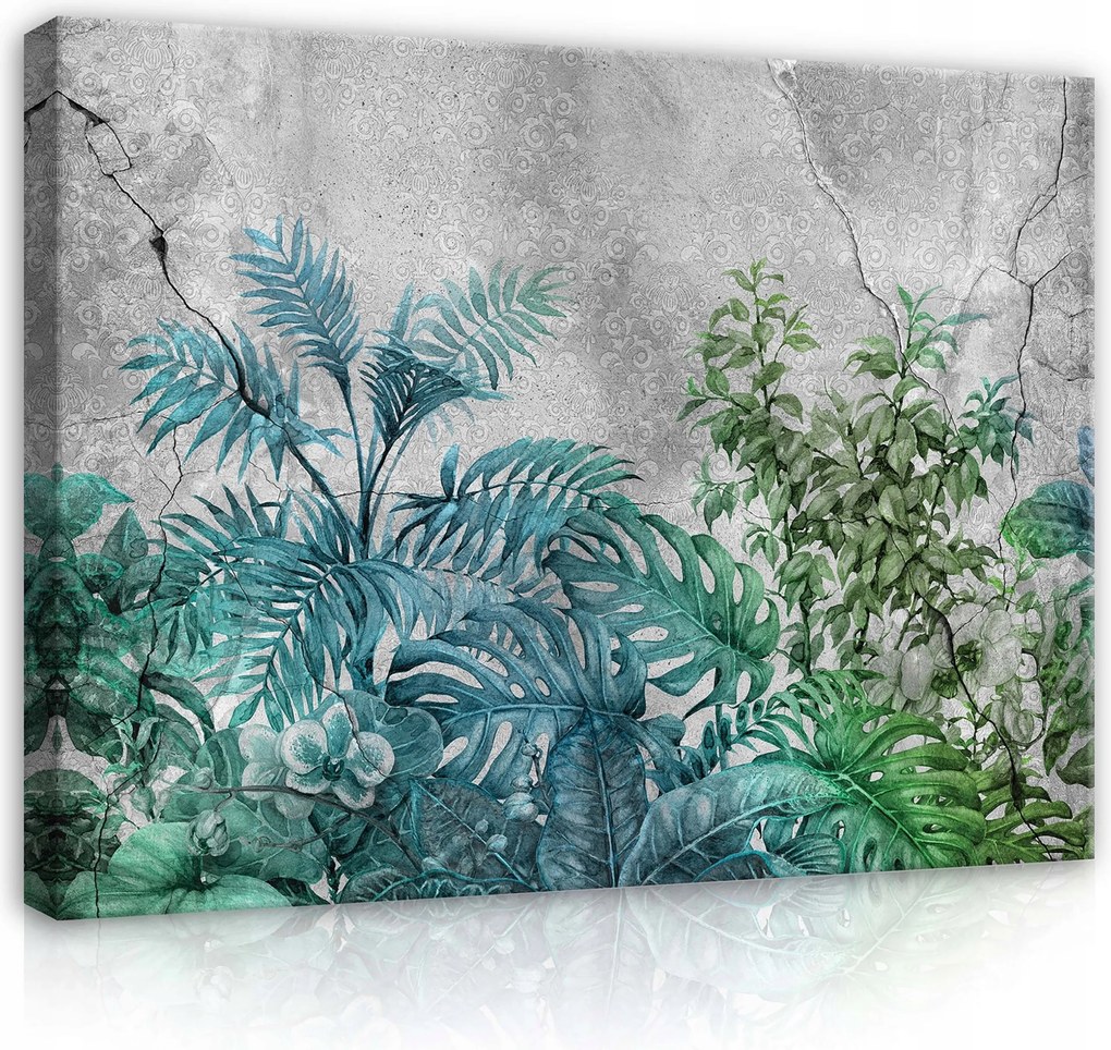 Vászonkép 80x60 Trópusi levelek dzsungel egzotikus természet beton zöld szürke