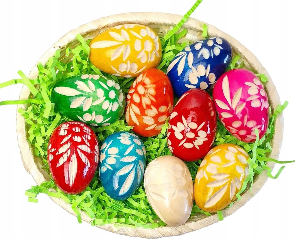 Faragott Nagy Tojás Gyönyörű Színes Fa Húsvéti tojások Kosárban 10 db