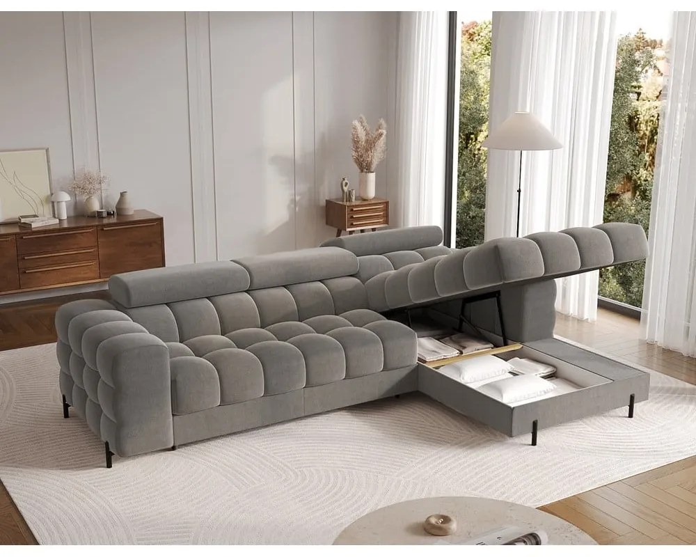 Szürkésbarna bársony kinyitható-tárolóhelyes sarokkanapé (jobb oldali-heverő résszel) Felro – ELTAP