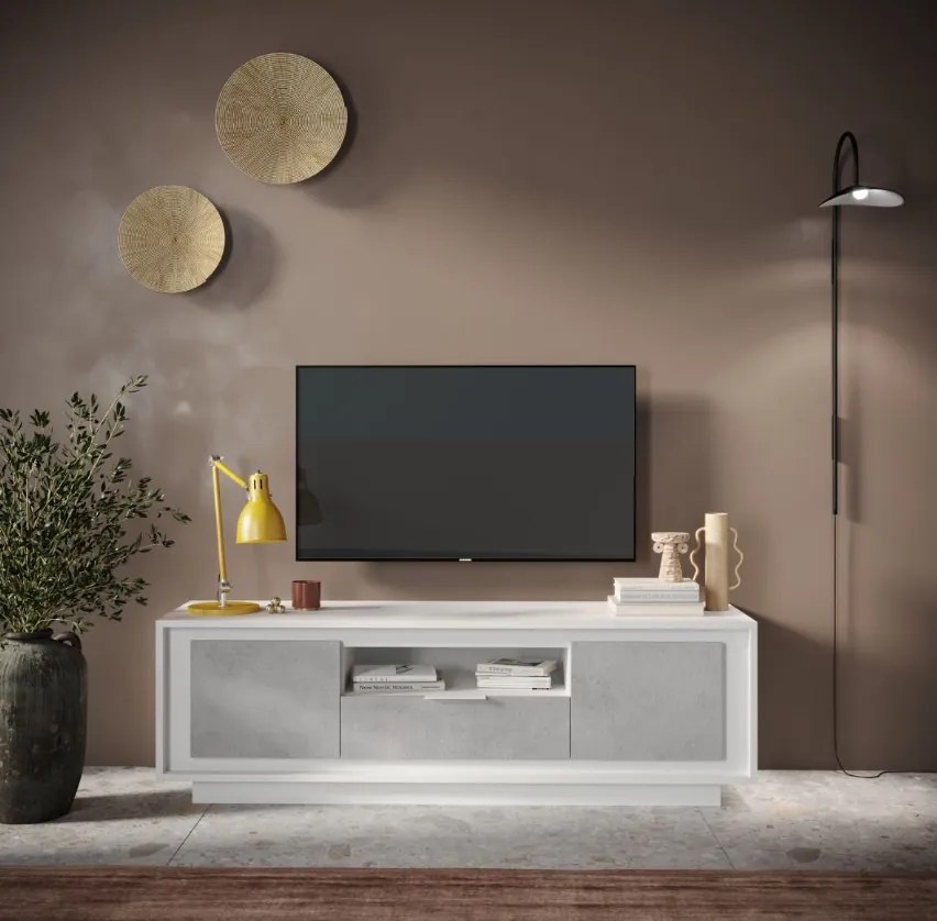 SKY 2.0 TV-szekrény 2 ajtóval és 1 fiókkal, fehér matt lakkozott vázzal, betonhatású laminált előlapokkal