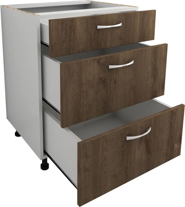 Benita 3 fiókos Alsó konyhaszekrény Bronz Tölgy-Fehér 60x50x80 cm N