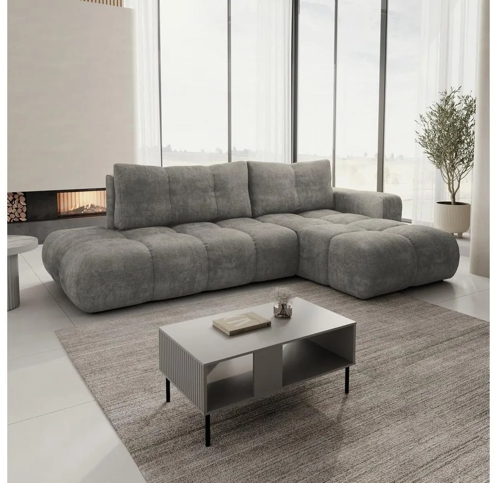 Ággyá alakítható kárpitozott L-alakú sarokülőgarnitúra ALMADA, jobb oldali, tárolóval, szürke