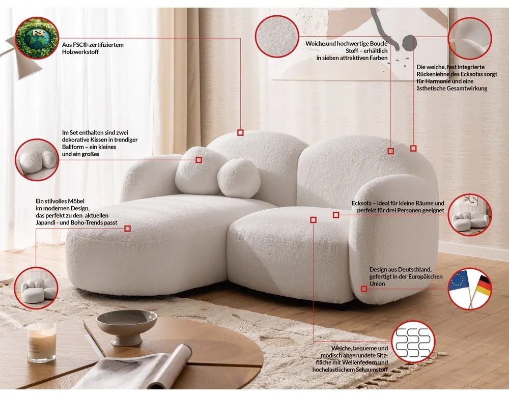 Krémszínű buklé sarokkanapé (bal oldali-heverő résszel) Orbit – Ropez