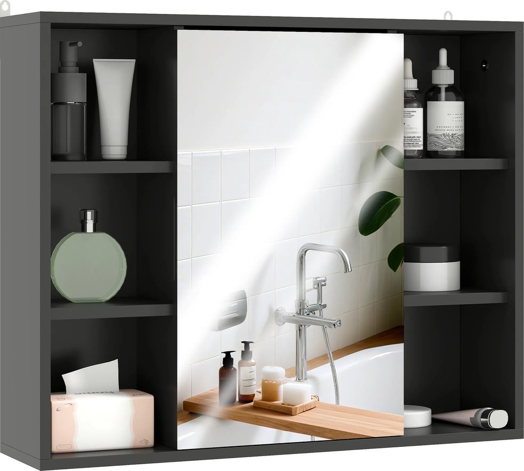 HOMCOM Fali Szekrény, Fürdőszobai Tárolószekrény Spiegellel, 60 x 14.5 x 49.4 cm, fekete | Aosom