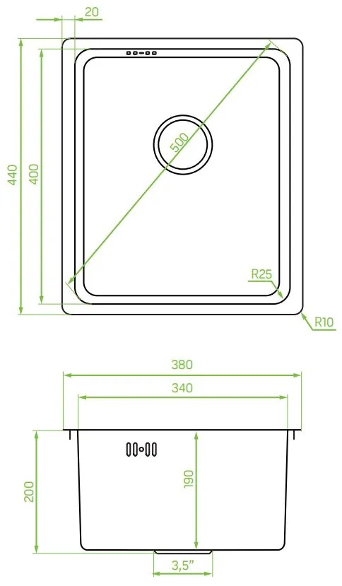 Laveo Aden, 1 kamrás rozsdamentes mosogató 380x440x200 mm, acél, LAV-SLA_010A