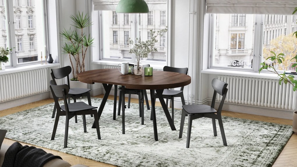 Mazzoni EXPANSO Barna Tölgy/fekete lábak - LOFT/IPARI STÍLUSÚ 310 cm-re BŐVÍTHETŐ NAGY KEREK ASZTAL Ø110 Y LÁBAKKAL