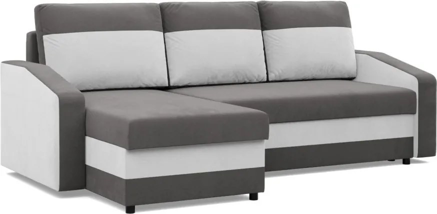 Hewlet sarokkanapé, 1 ágyneműtartóval, szövet anyag, univerzális oldal, bonell töltet, szürke - fehér