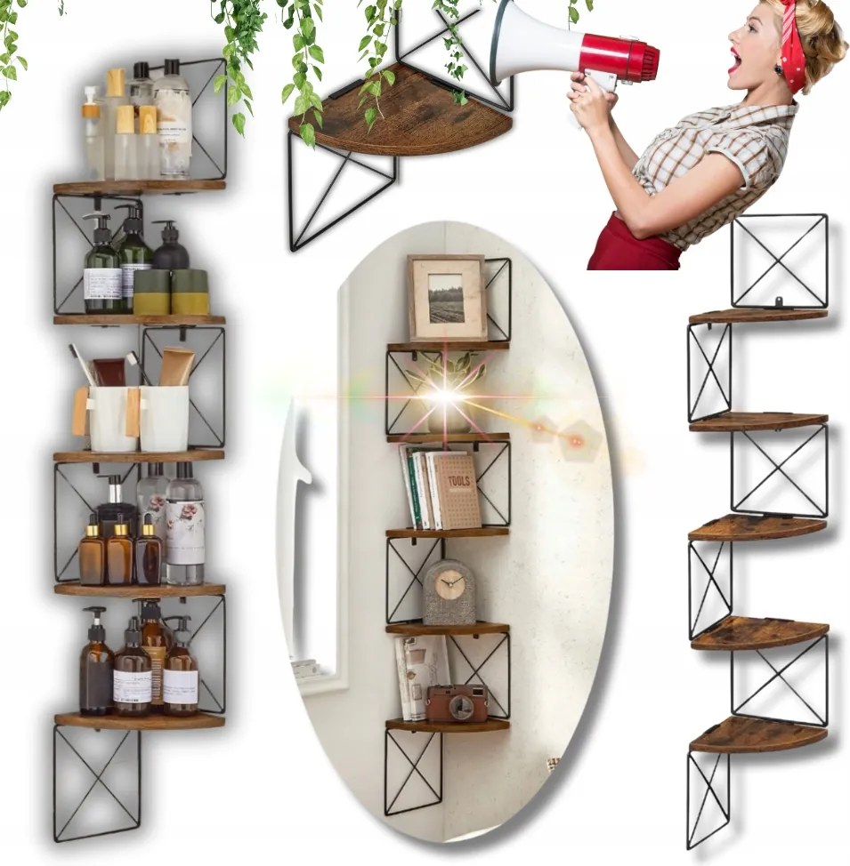 Fali Sarokpolc Függesztett Sarokpolc Falra Szerelhető Loft Vintage Stílus!