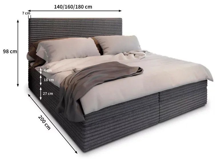 Kárpitozott boxspring ágy ISPIRA 140x200 cm szürke Matrac: Bonell rugós matrac