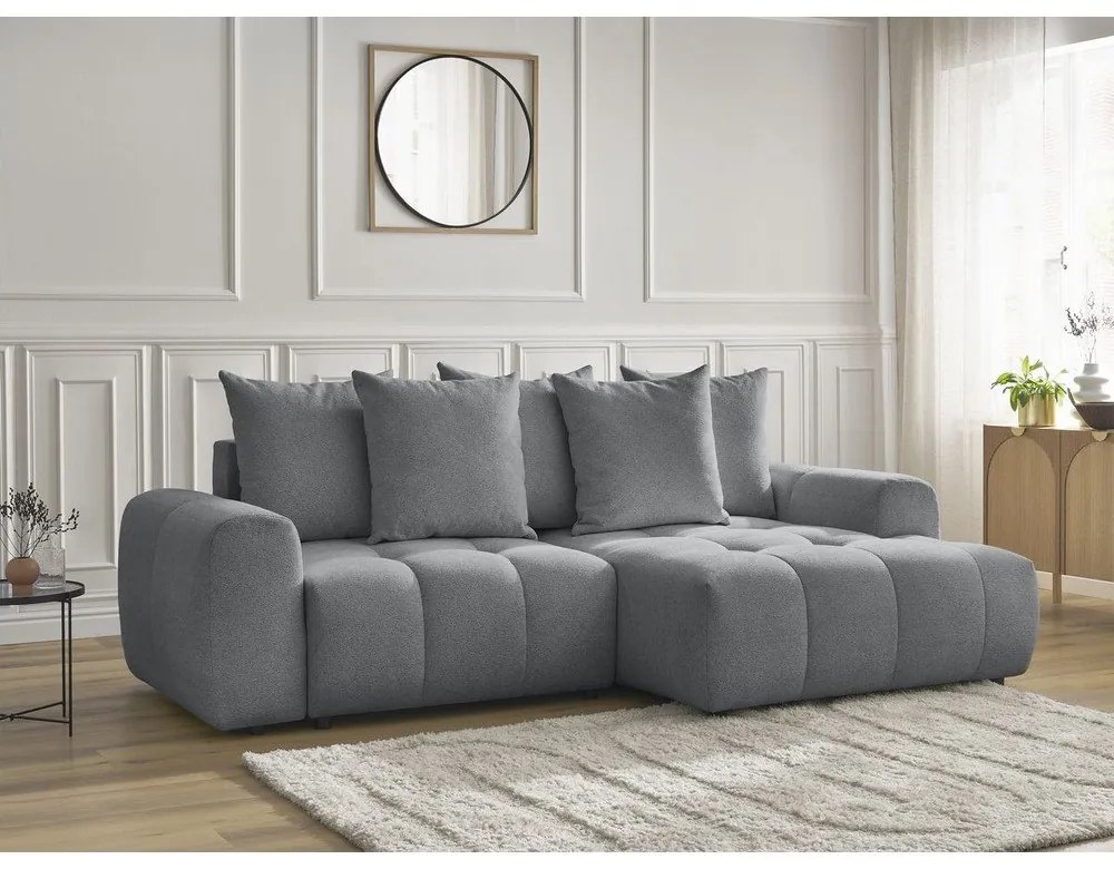 Szürke zsenília kinyitható-tárolóhelyes sarokkanapé (jobb oldali-heverő résszel) Roxelane – Bobochic Paris