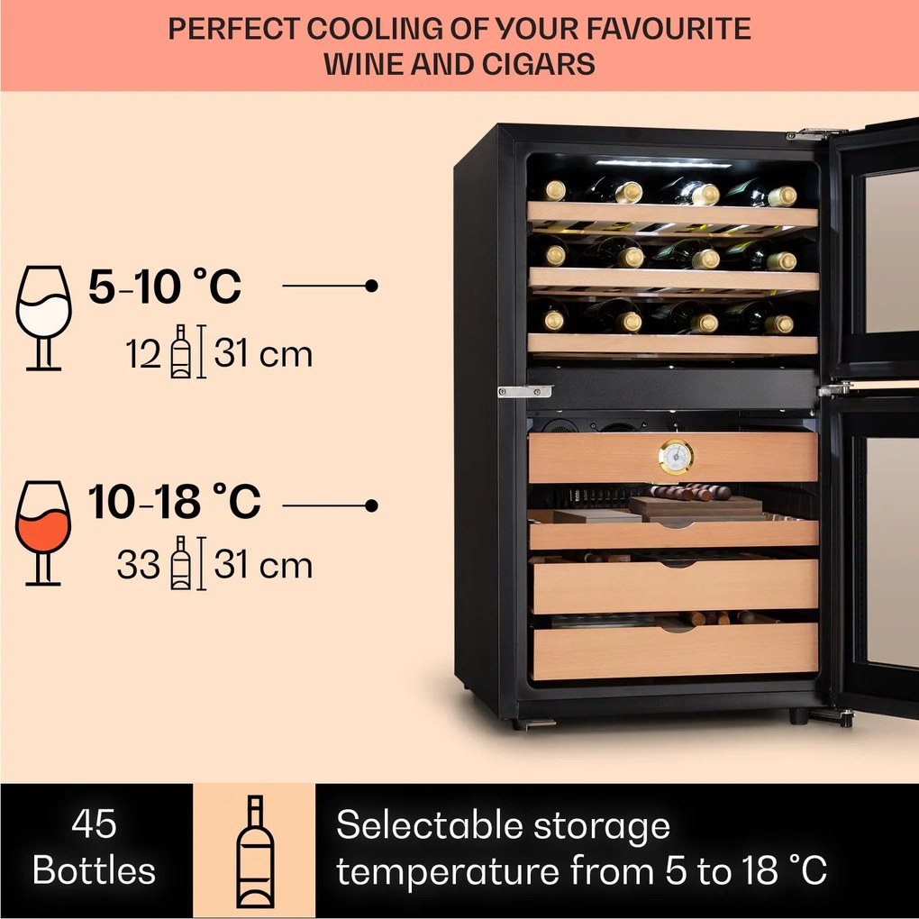 Klarstein El Dorado 108, humidor és borhűtő, 108 l, LED, érintőkijelző