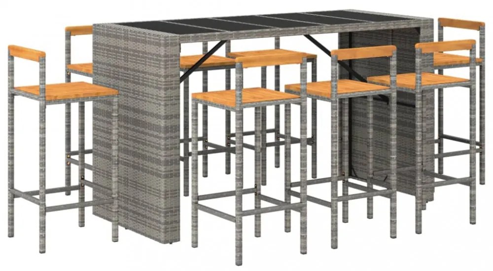 9 részes szürke polyrattan és tömör akácfa kerti bárszett