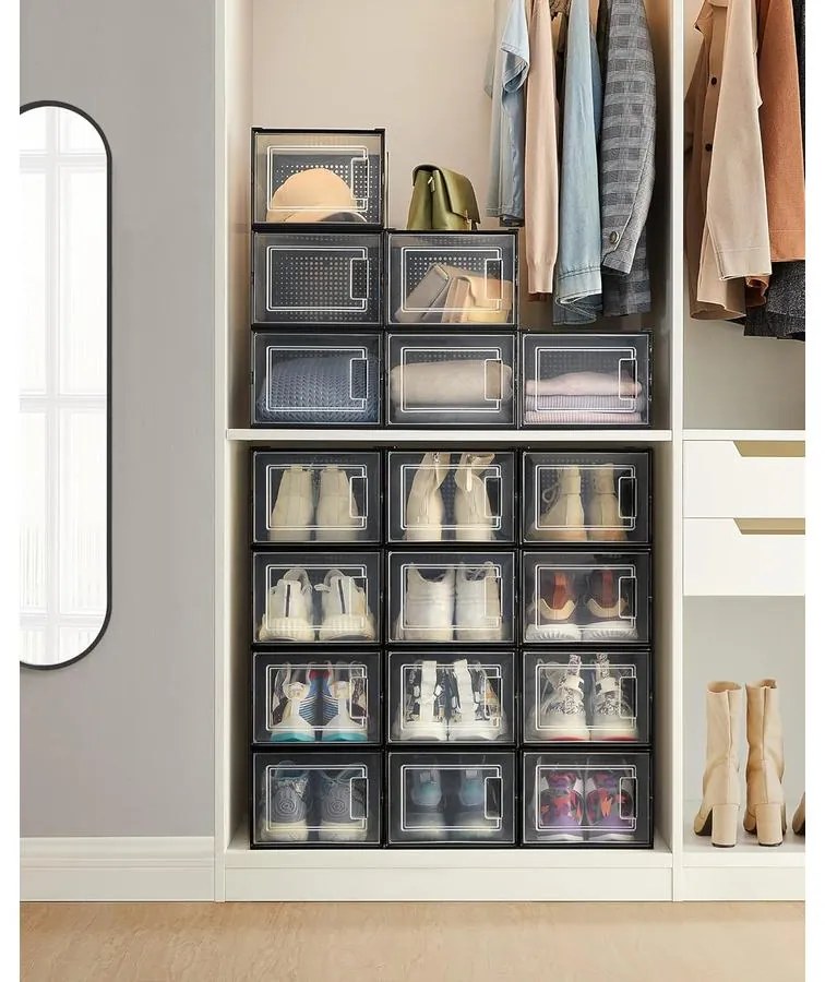 Cipősdobozok, 18 darabos szett, műanyag cipőrendezők 46-os méretig, átlátszó/fekete