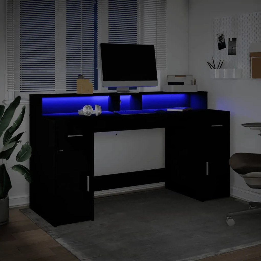 Fekete szerelt fa íróasztal LED-világítással 160 x 55 x 91 cm