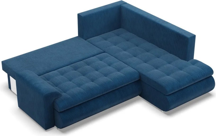 Tokio sarokkanapé, L alakú háttámlával, 2 ágyneműtartóval, kordbársony, jobboldali, kék