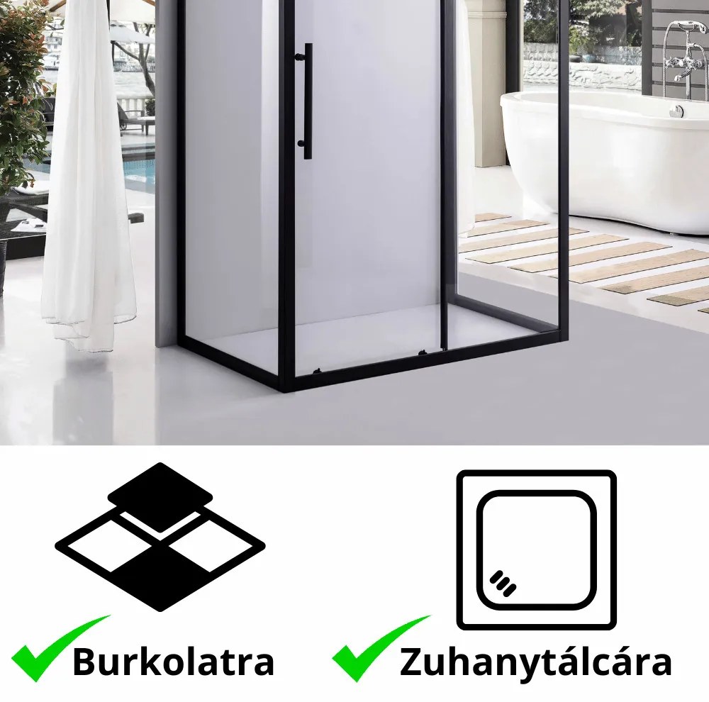 Stuxi Nizza Black 140x70 falsíkra szerelhető 3 oldalú tolóajtós zuhanykabin 6 mm vízlepergető biztonsági üveggel, fekete elemekkel, 200 cm magas