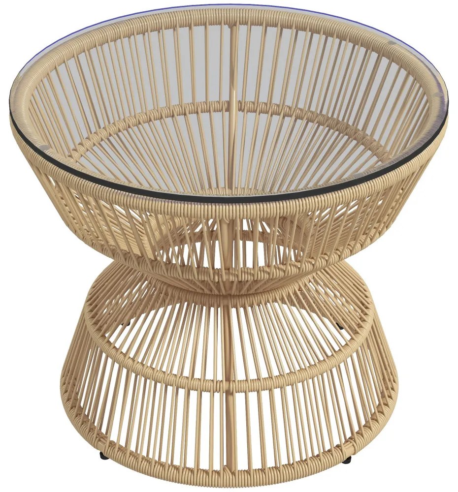 Kerek rattan kerti asztal, 60 cm átmérő, edzett üveg asztallappal