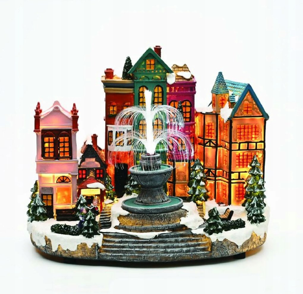 Aca Lighting karácsonyi dekoráció Led meleg fehér falusi szökőkúttal, változtatható fényerővel