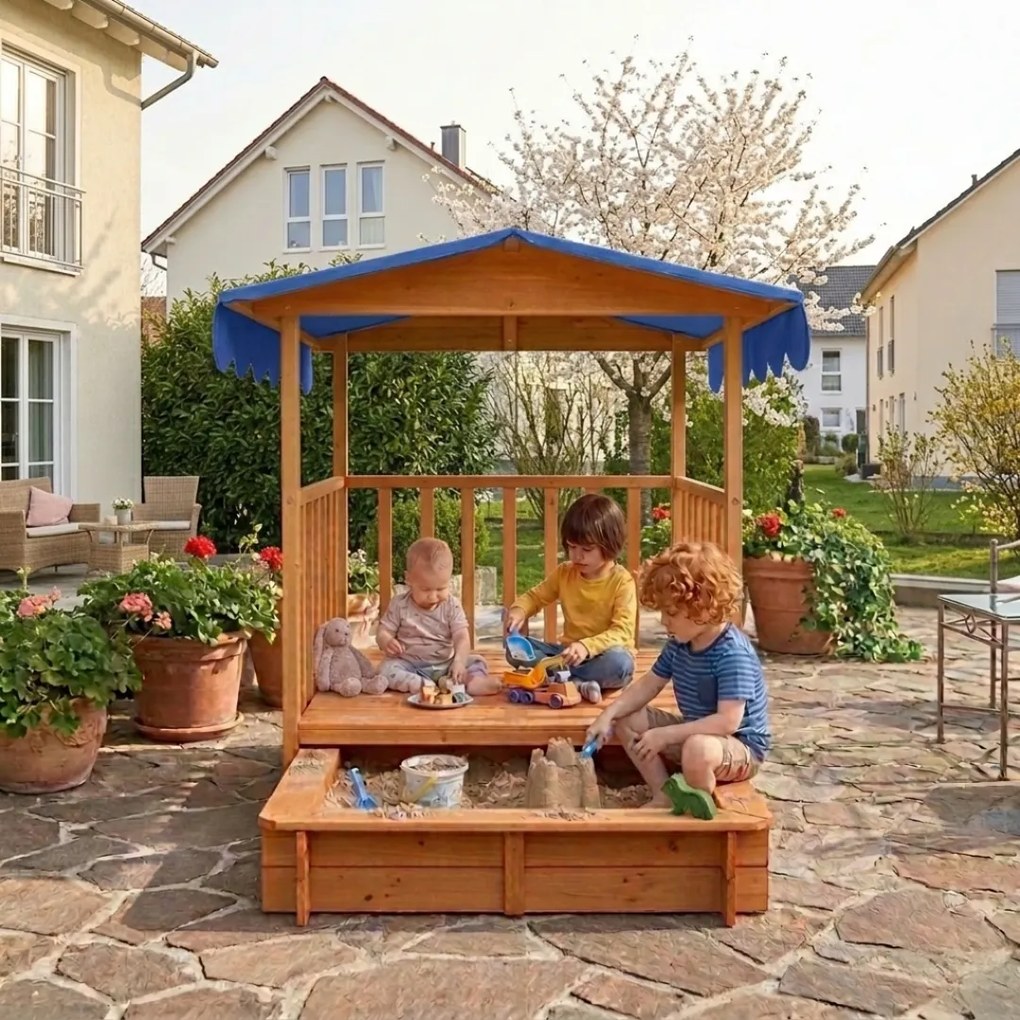 HAPPY verandás homokozó, 130x130x143cm, barna/kék Jurhan