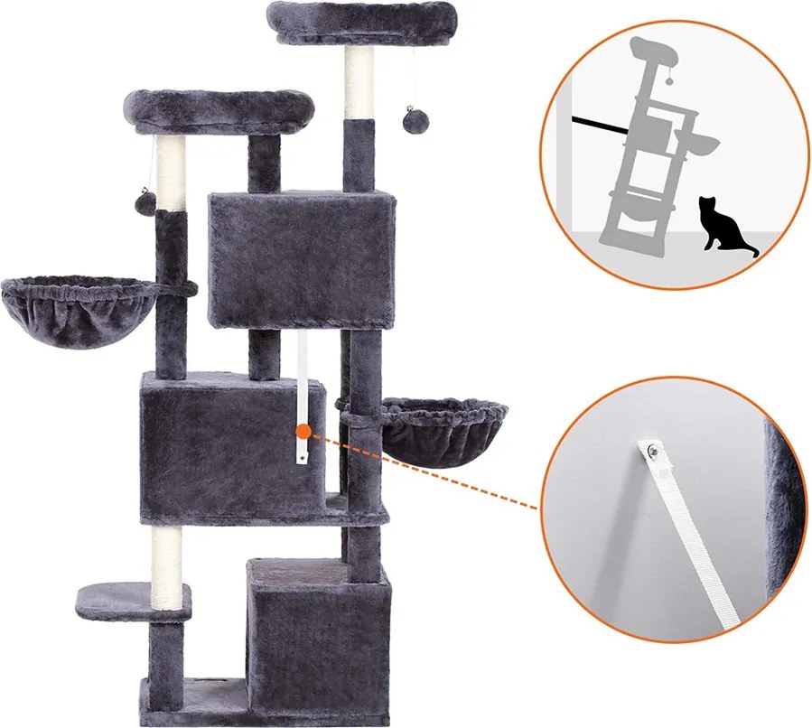FEANDREA nagy macskafa 3 macskabarlanggal, 164 cm-es macskatorony, füstszürke